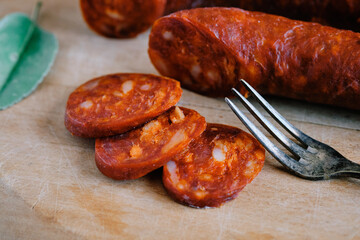 Traditional Spanish chorizo on kitchen board
