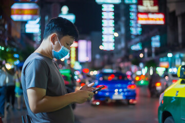  A person wearing a mask looks at his phone while walking past the evening  in China town,Bangkok,Thailand.