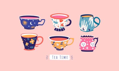 Set of various cups with tea, coffee. Trendy different ornaments. Flowers, berries, etc. Modern hand drawn colored trendy vector illustration. Cartoon style. Flat design. Isolated on a pink background