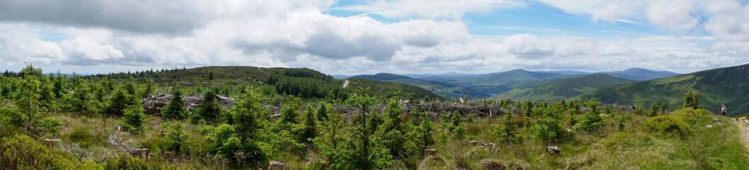 Fototapeta na wymiar Panoramic view in Wicklow Mountains. This place is famous for uncontaminated nature, misty landscapes, and spectacular lakes