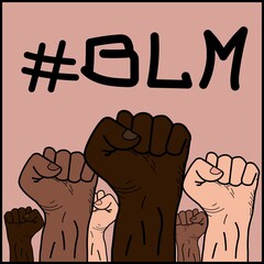 Hands gathered into a fist of people of different nationalities as a sign of protest against racism and inequality. Black Lives Matter.No Racism Poster.Vector illustration.