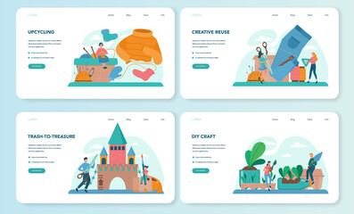 Upcycling web banner or landing page set. Eco tips for reducing waste.