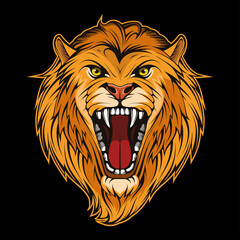 Vector illustration of a Lion. Roar Lion for tattoo or t-shirt print. Angry animal illustration for a sport team. Vector character. Sketch for mascot, logo or symbol. Lion on black background