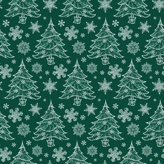 Vector green monochrome sparkling rows of christmas tree and snowflakes seamless background. Suitable for textile, gift wrap and wallpaper.