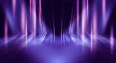 Background of empty stage show. Neon blue and purple light and laser show. Laser futuristic shapes on a dark background. Abstract dark background with neon glow