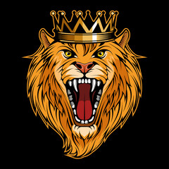 Vector illustration of a Lion. Lion for tattoo or t-shirt print. Roar illustration for a sport team. Vector character. Sketch for mascot, logo or symbol. King Lion on black background.