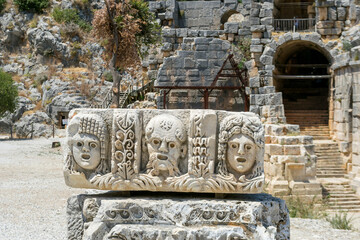 The ruins of the ancient city of Myra in Demre, Turkey. Details of an ancient building in Turkey.