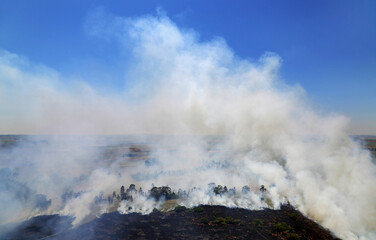 Fototapeta na wymiar Nelspruit, Mpumalanga / South Africa - 12/04/2014: Aerial photo of a farming field fire