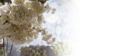 Wedding flower arrangements and decorations. Empty copyspace with white background and space for text. Holiday accessories and backgrounds