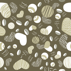 Seamless pattern. White and beige sweet candy, chocolates, hearts and coffee beans on brown background. Vector illustration.