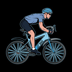 Illustration of a cyclist. Bicycle for tattoo or t-shirt print. Man riding a bike illustration for a sport team. Vector character.Sketch for mascot, logo or symbol. Sports bike on black background