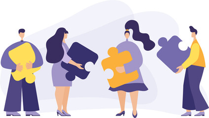 Business concept. Team metaphor. People connecting puzzle elements. Vector illustration of a flat design style. Symbol of teamwork, cooperation, partnership.