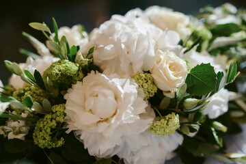 Wedding flower arrangement and decoration. Empty copyspace and space for text. Holiday accessories and backgrounds