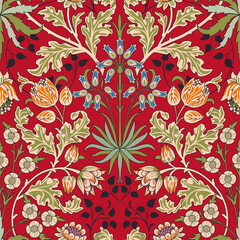 Vintage flowers and foliage seamless pattern on red background. Color vector illustration. - obrazy, fototapety, plakaty