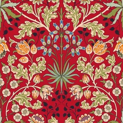 Möbelaufkleber Vintage flowers and foliage seamless pattern on red background. Color vector illustration. © yblaz