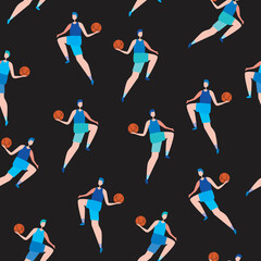 Seamless pattern with basketball players isolated on black background, flat vector stock illustration with european or american men jumping with a basketball as texture