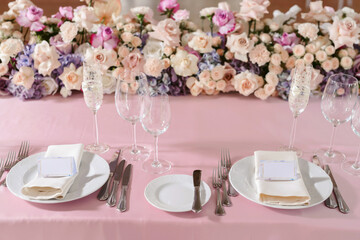 Beautifully decorated table setting at a wedding reception, birthday or Valentine's day. Floral decorations for the holiday.