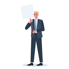 Office character holding a banner. Business worker with blank empty
