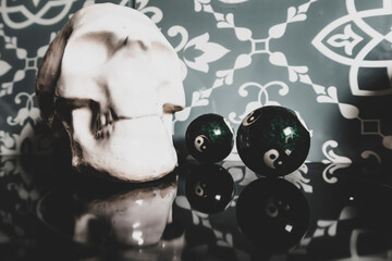 Close-up of a Chinese yin yang balls, 
harmony of the world and the universe, Qigong balls with yin yang symbol
