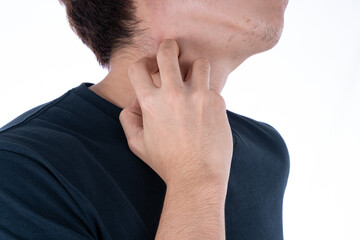 Male scratching his neck on isolated white background. Medical, healthcare for advertising concept.