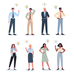 Obraz premium Thoughtfull business people set. Woman and man thinking in search