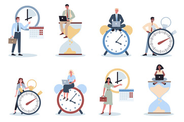 Business people with a clock set. Work effectivity and planning. - obrazy, fototapety, plakaty