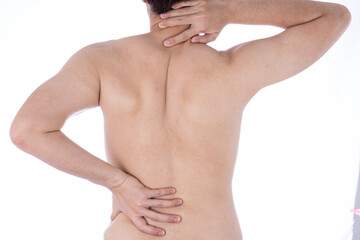 Fototapeta premium A man feeling exhausted and suffering from neck and back pain and injury on isolated white background. Health care and medical concept.