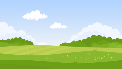 Summer green landscape. Fields, grass, flowers, forest and clouds. Vector illustration