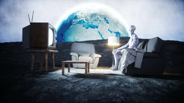 funny alien watching TV on the sofa on the moon. Living on the moon concept. Earth background. 3d rendering.