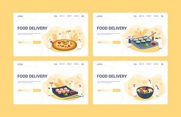 Food delivery menu web banner set. European and Asian cuisine.