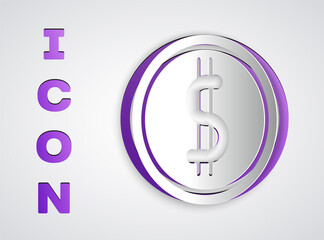 Paper cut Coin money with dollar symbol icon isolated on grey background. Banking currency sign. Cash symbol. Paper art style. Vector Illustration