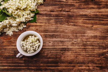 Tea from fresh elder flowers. Hot drink, alternative medicine