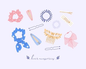 Trendy vector hair accessories. Beauty fashion set of hairgrip or hairdressing accessories isolated on white background. Elastic bands and hair clips, hairpins, bows, ribbons. - obrazy, fototapety, plakaty