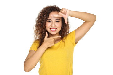 Young american girl showing photo frame by figners on white background