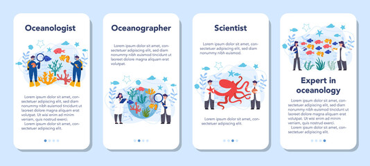 Oceanologist mobile application banner set. Oceanography scientist.