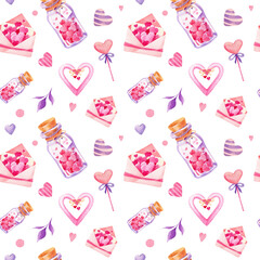 Happy Valentine`s day watercolor handdrawn seamless pattern. Cute lovely elements on white background. Nice texture for your wedding and valentine`s design.