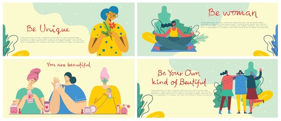 Fototapeta premium Concept of women unique background. Stylish modern vector illustration cards with happy female woman