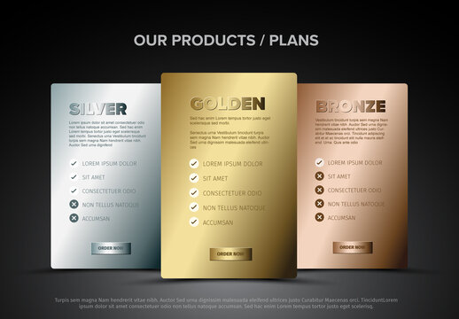 Golden, Silver and Bronze Subscription Plan Layouts
