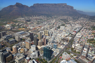 Cape Town, Western Cape / South Africa - 08/25/2016: Aerial photo of Cape Town CBD with Table Mountain in the background