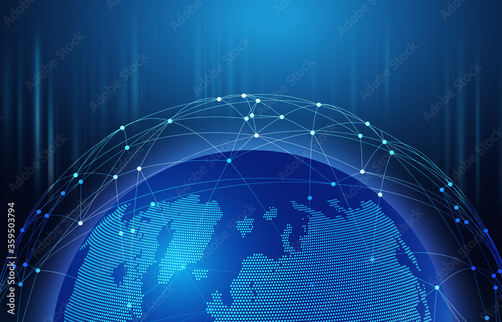 Poster Global Network. 3D rendering of world globe with polygonal dots connections above