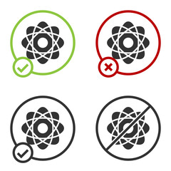 Black Atom icon isolated on white background. Symbol of science, education, nuclear physics, scientific research. Circle button. Vector Illustration