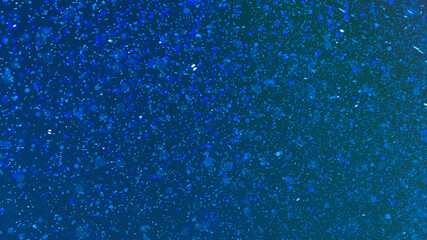 Blue colored defocused bokeh lights background - horizontal wallpaper, poster. Stylish, festive and elegance shot. Trendy colors. Illuminated, lights, glitter effects. Celebrative decoration.