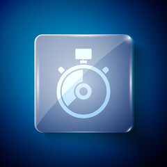 White Stopwatch icon isolated on blue background. Time timer sign. Chronometer sign. Square glass panels. Vector Illustration