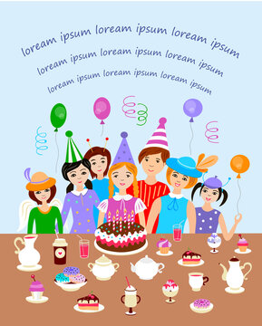 Vector image "Happy birthday card template with people and birthday cake"