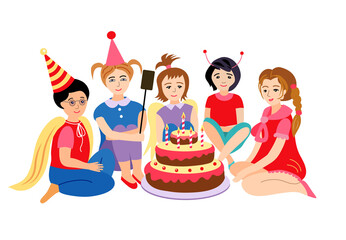 Vector image "Happy birthday card template with people and birthday cake" .