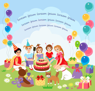 Vector image "Happy birthday card template with people and birthday cake".