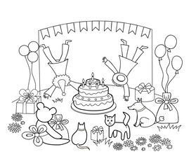 Vector image "Happy birthday card template with birthday cake" coloring book.