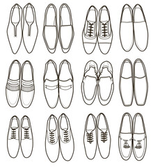 collection of men footwear isolated on white background (coloring book)