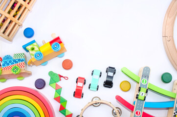 wooden colored toys whit montessori pedagogy and space for text