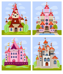 Vector illustration for children with fairy castle and landscape (flat concept).
